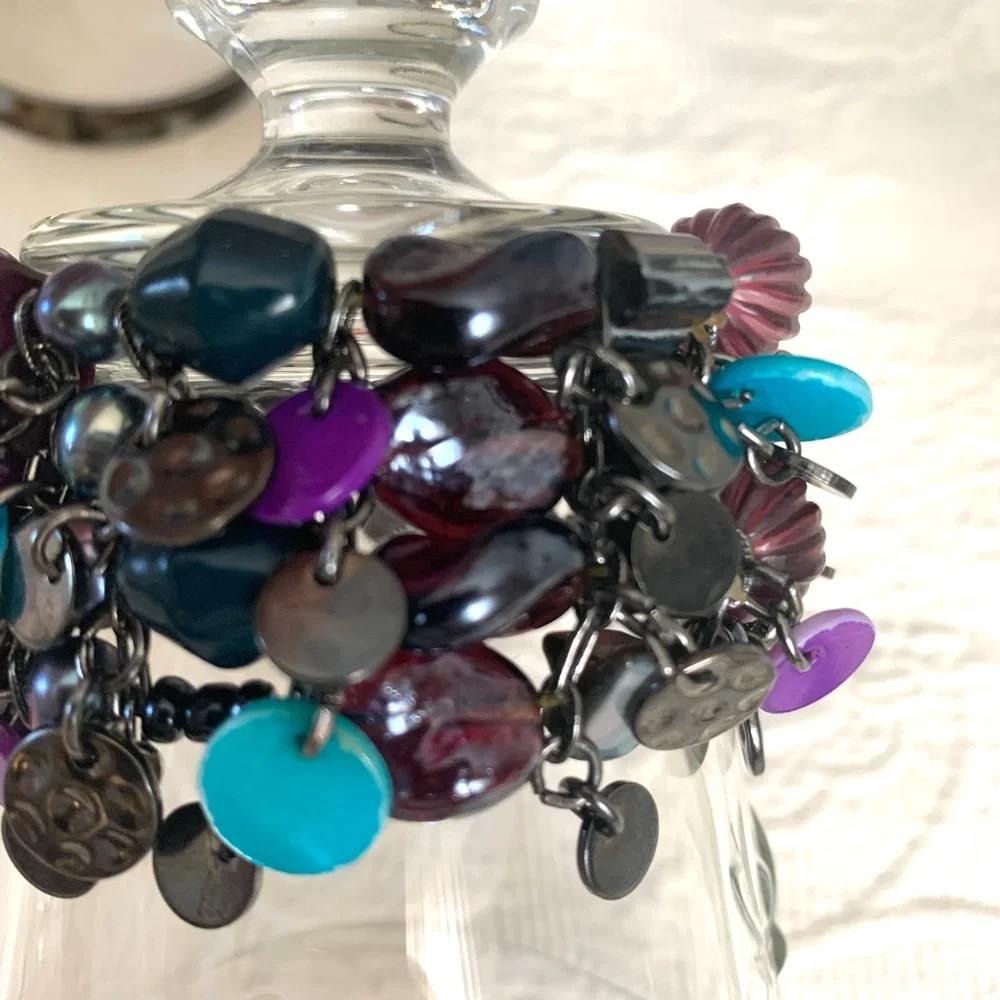 Women’s Hematite Abalone Shell statement bracelet purple aqua Black charm beads